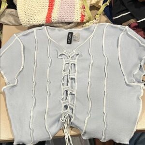 Divided Light Blue Lace-Up Crop Top